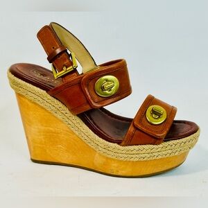 Coach Mariam Brown Leather Wedge Sandals, Brass Hardware, Wood Platform sz 6.5